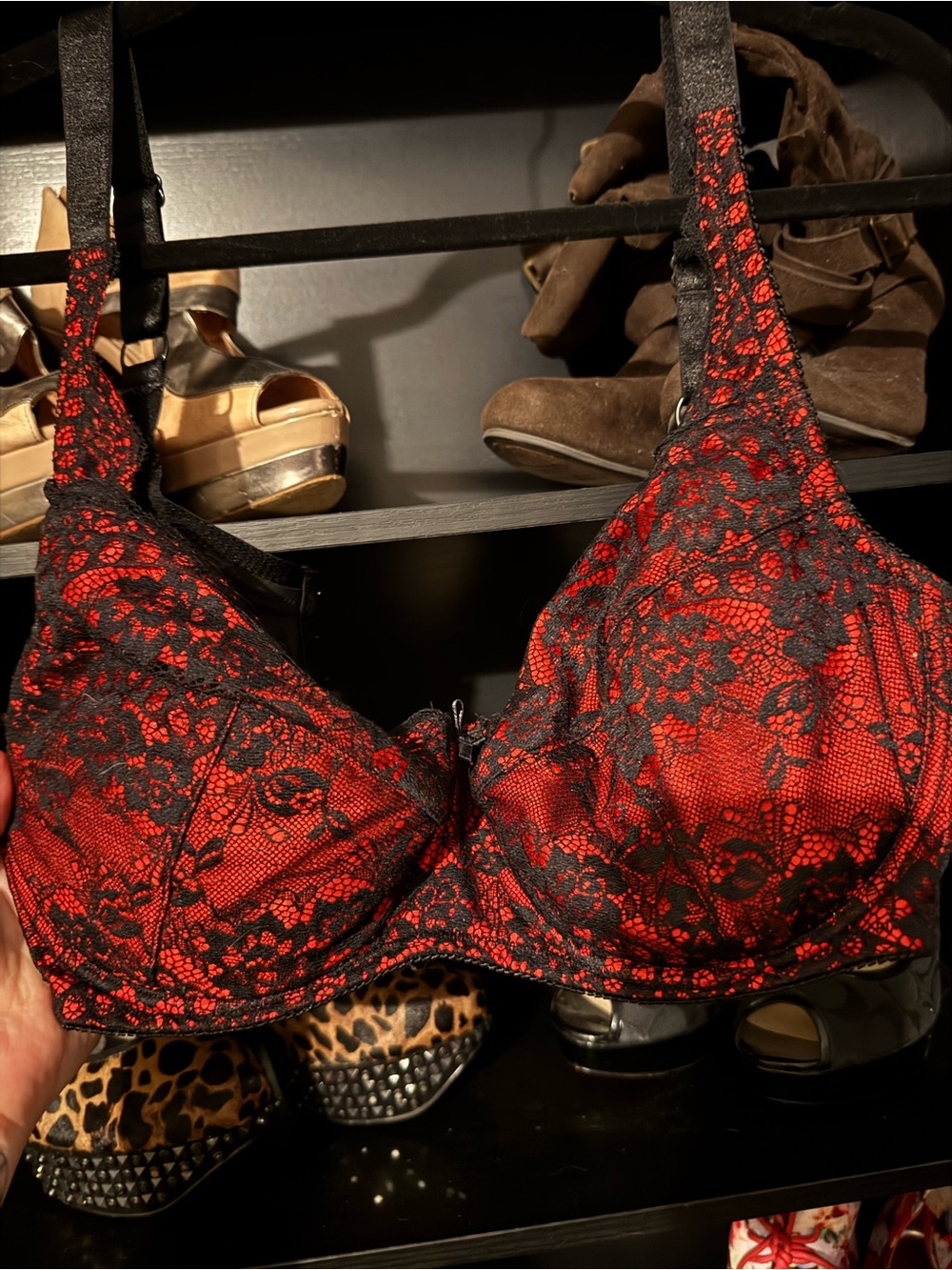 Frederick's of Hollywood Red and Black Lace Underwire Bra
